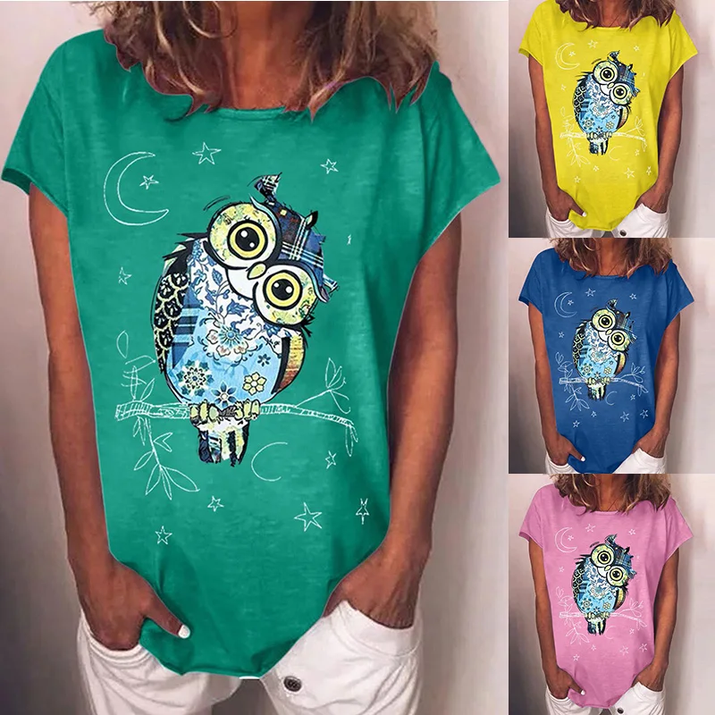 

Summer new ladies T-shirt owl print loose short-sleeved T-shirt round neck pullover casual ladies top