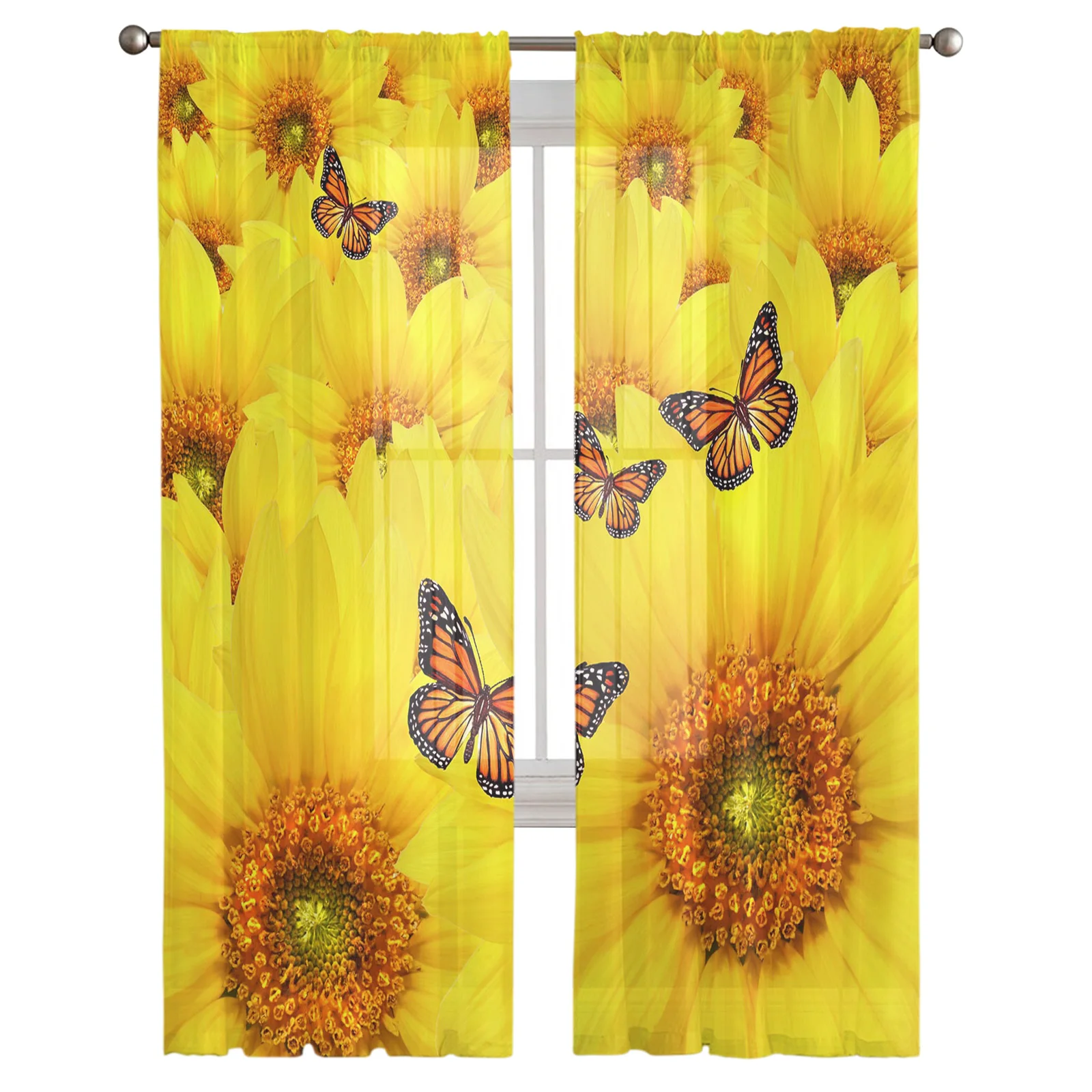 Yellow Sunflower Butterfly Plant Tulle Sheer Window Curtains for Living Room Kitchen Children Bedroom Voile Hanging Curtain