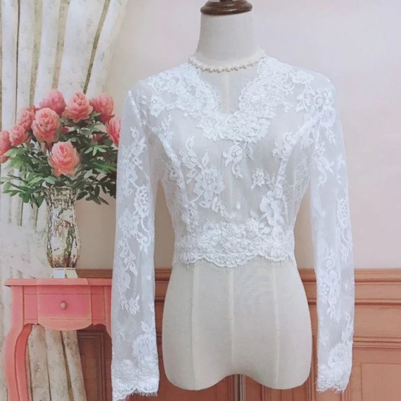 GOHYPDUG 2021 New Wedding Jacket Lace Applique White Ivory Long Sleeve Bridal Bolero Jackets Top Wedding Wrap