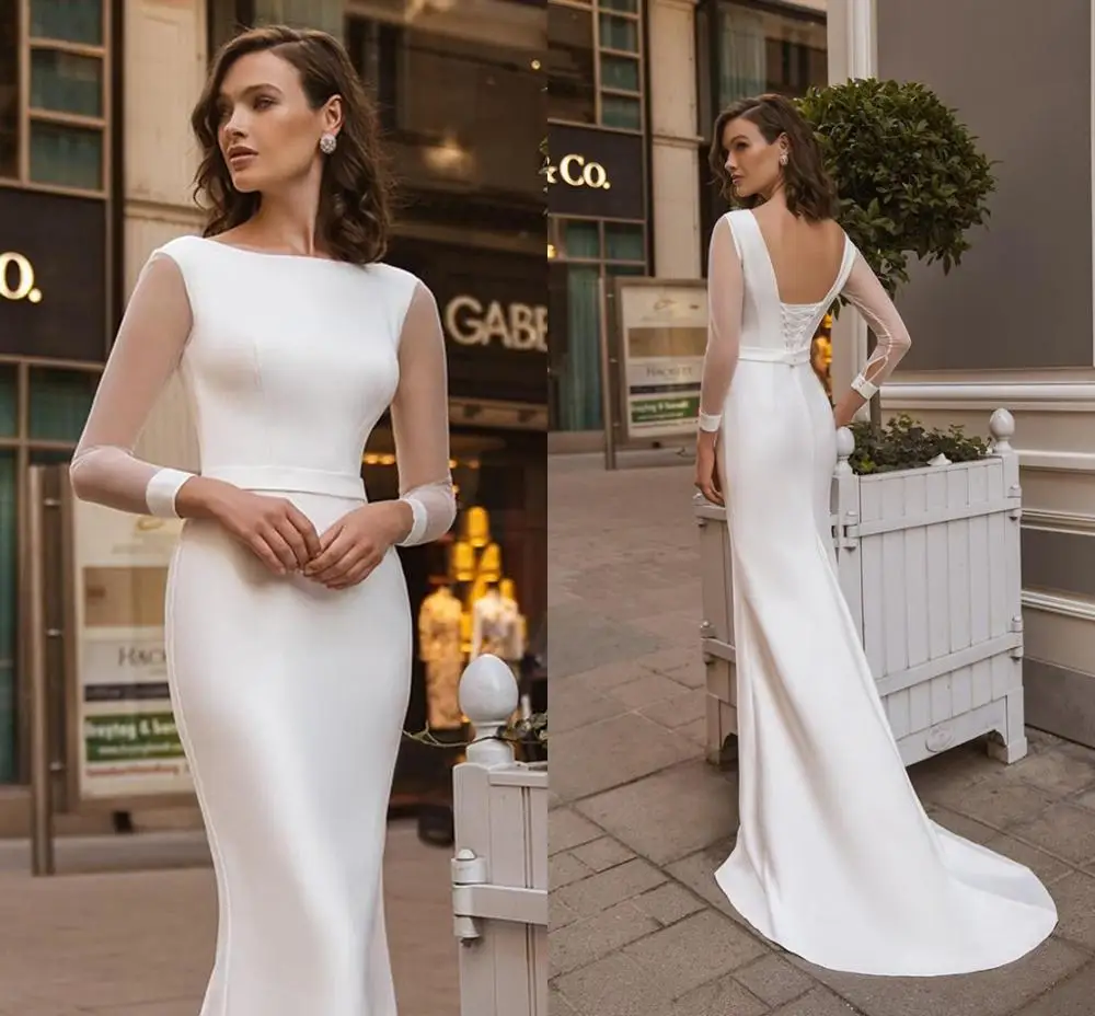 Đơn Giản Thanh Lịch Nàng Tiên Cá Satin Váy Áo Boho Corest Lưng Cô Dâu Bộ Đồ Bầu Dài Tay Càn Quét Tàu Vestidos De Mairee