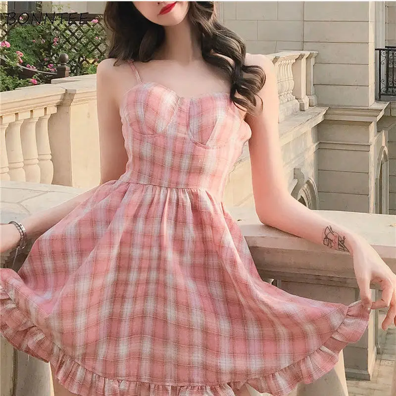 

Dresses Women Sleeveless Sweetie Preppy Style Trendy Student All-match Plaid Casual Summer Square Collar Spaghetti Strap Ulzzang