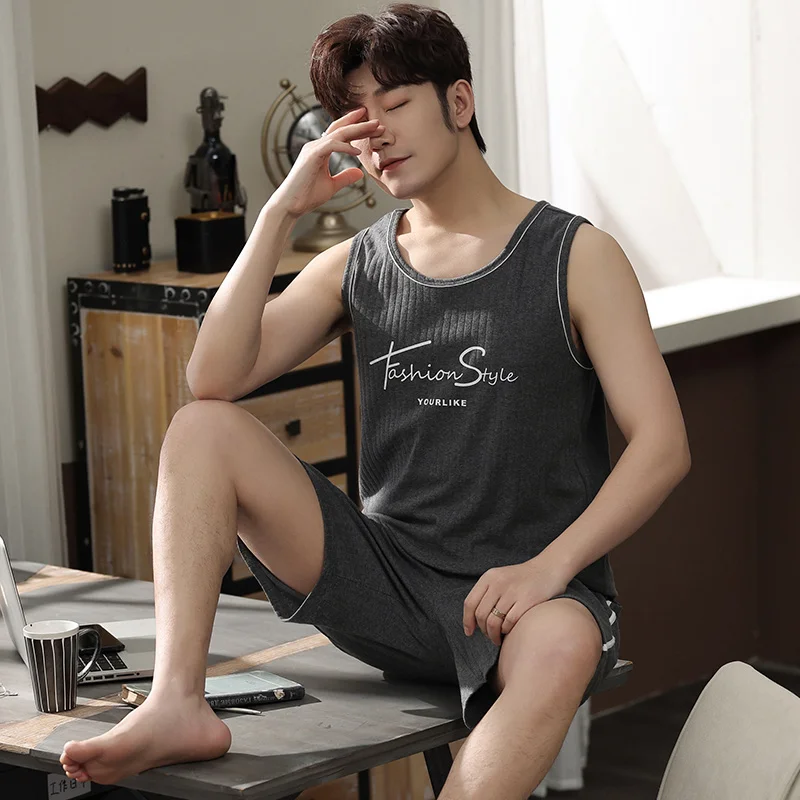 2024 New Style Men\'s Pajamas Set Summer Thin Cotton Male Pajamas Sets Vest Sleepwear Sleeveless Tops + Shorts 2pcs/set L-XXXXL