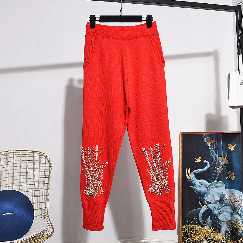 Red Black Gray Casual Knitted Tracksuit Women Outfits Autumn Fashion Beading Embroidery Pullover Sweater Pencil Pants Set Female