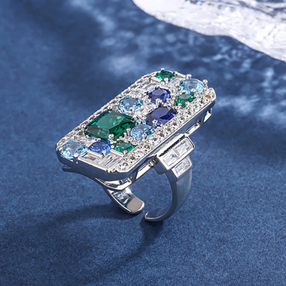 Luxury Vintage Emerald Sapphire Aquamarine Gemstone Big Ring for Women Wedding Band Cocktail Party Ring Charms Gift Accessories