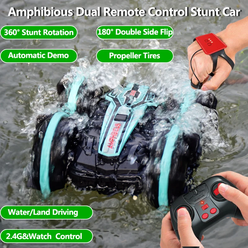 Watch Handle Dual Remote Control Car Amphibious Waterproof 4WD Double Side 180° Flip Stunt Rotation 60Mins Car Toys For Children