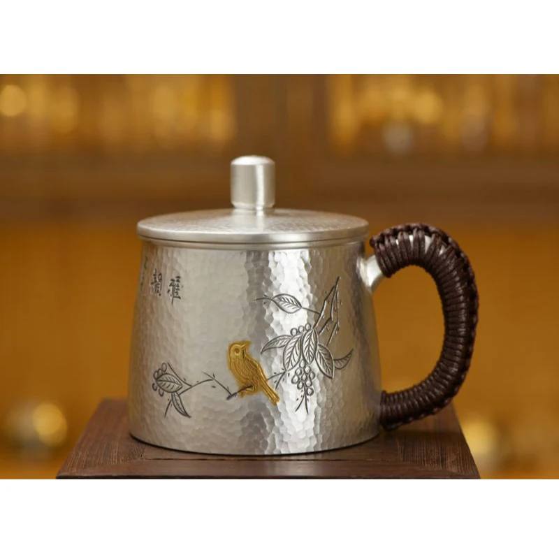 Silver Cup 999 Sterling Silver Handmade Tea Set Japanese Retro Office Cup Water Cup Tea Cup Tea Ceremony Kung Fu Tea Set 320ml