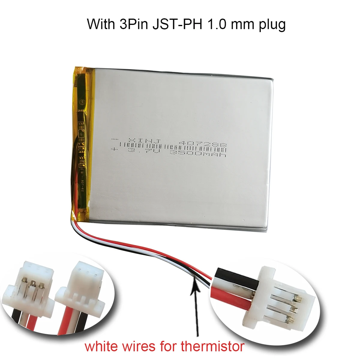 

3.7V 3500mAh 12.95Wh Three Wires Thermistor 4mm Thick Li Polymer Battery 407288 JST 3pin 1.0 1.25 Connector For GPS Tablet PC