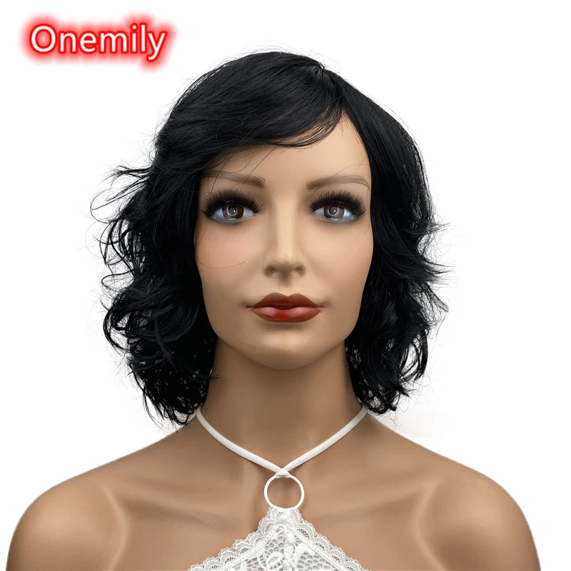 Onemily-Peluca de cabello sintético para mujer y niña, cabellera de onda corta ondulada, rizada, resistente al calor, con flequillo, fiesta de noche, color negro azabache