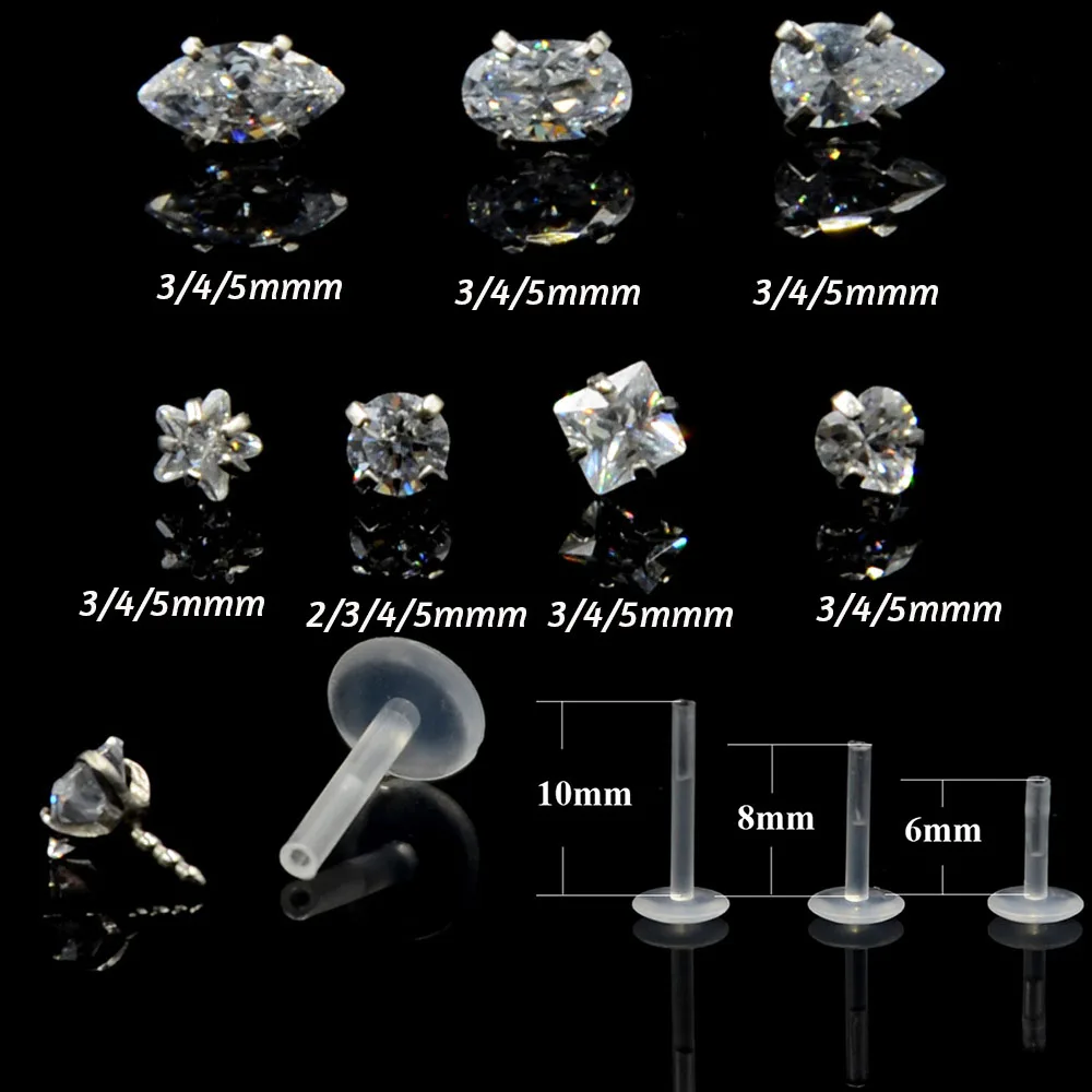 1Pc Bioplast Flexible 16G  6/8mm Ear Cartilage Tragus Piercing Body Jewelry Push-in Labret Lip Stud with Press Fit Steel Zircon
