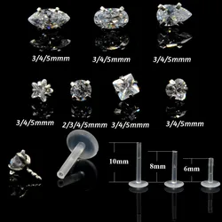 1Pc Bioplast Flexible 16G  6/8mm Ear Cartilage Tragus Piercing Body Jewelry Push-in Labret Lip Stud with Press Fit Steel Zircon