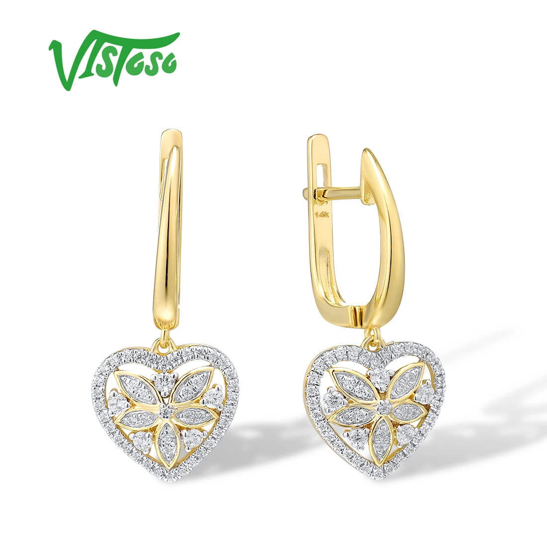 VISTOSO Gold Earrings For Women Pure 14K 585 Yellow Gold Sparkling Diamond Flower Heart Dangling Earrings Delicate Fine Jewelry