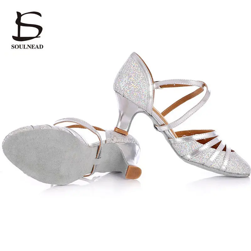 Women Latin Dance Shoes Salsa Tango Ballroom Dancing Shoes Gold Silver Glitter 5 7cm High Heel Adult Female Samba Dance Sneakers