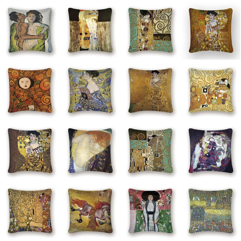 Gustav Klimt fodera per cuscino per pittura a olio modello dorato stampa federa per cuscino decorativo Vintage fodera per cuscino per divano