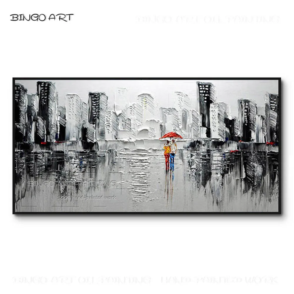 Hand-painted High Quality Grey World Colorful Umbrella Lover Portrait Oil Painting on Canvas Black and White City Oil Painting