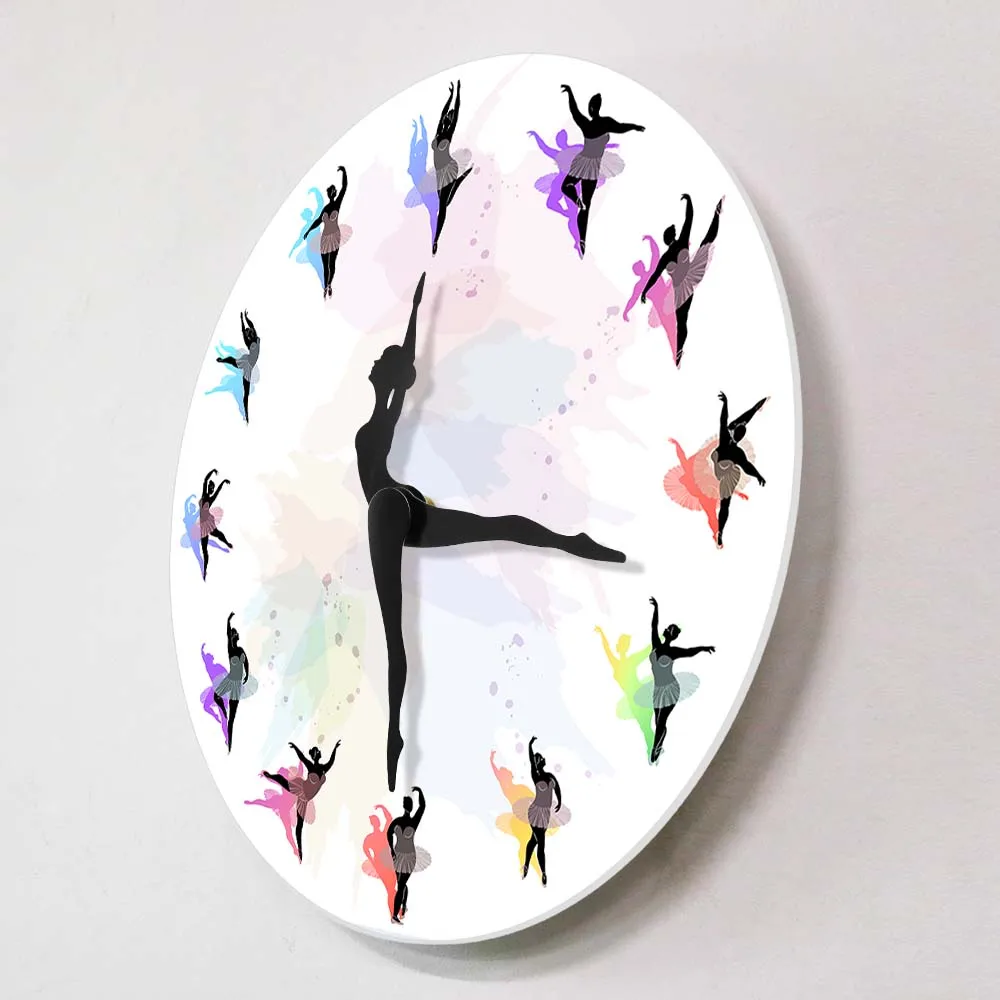 Dancing Ballerina Overweight Lady Colorful Printed Wall Clock Gymnast Girl Moving Arrow Elegant Wall Watch For Dancer Girls Room