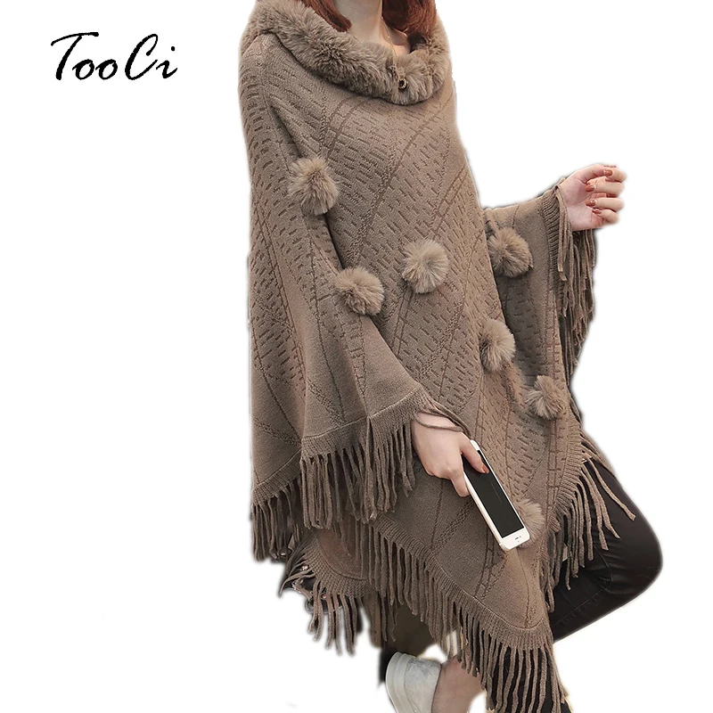 

Women Faux Fur Bat Sleeve Ponchos And Capes Round-Neck Knit Tassel Khaki Women Sweaters And Pullovers Faux Fur Coat