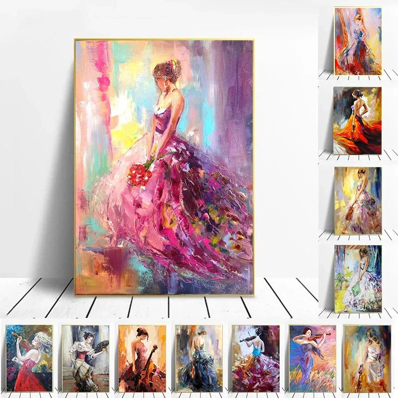 

Fashion Violin Woman Canvas Printings Beautiful Elegant Girls Painting Violinist Posters For Home Decoration Figure Painting