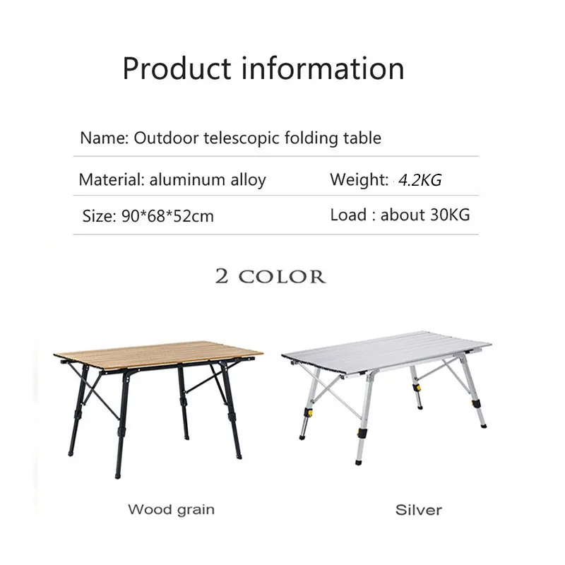 Mesa telescópica plegable portátil para exteriores, mesa multiusos de grano de madera para acampar, escritorio de aleación de aluminio, resistente