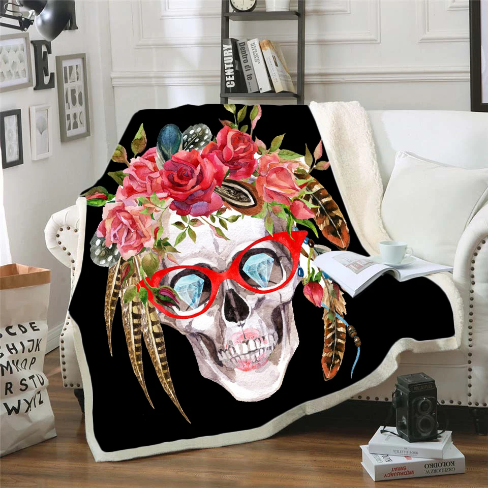 

flower skull 3D Bedding Outlet good quality Blanket Sherpa Blanket Plush Velvet Warm Sheet Cartoon Office Nap Blanket style 005