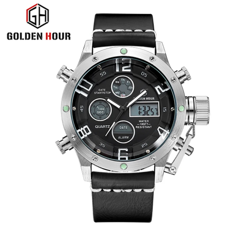 

GOLDENHOUR Men's Fashion Sport Watches Men Quartz Analog LED Clock Man Leather Military Watch Male Clock Relogio Masculino