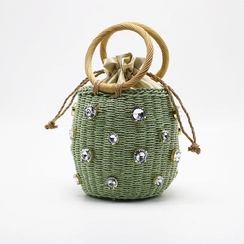 Summer Round Rattan Handmade diamond Pearl Bag Bohemian Leisure Straw Bag Bucket Knitting Shoulder Crossbody Beads Beach Bag