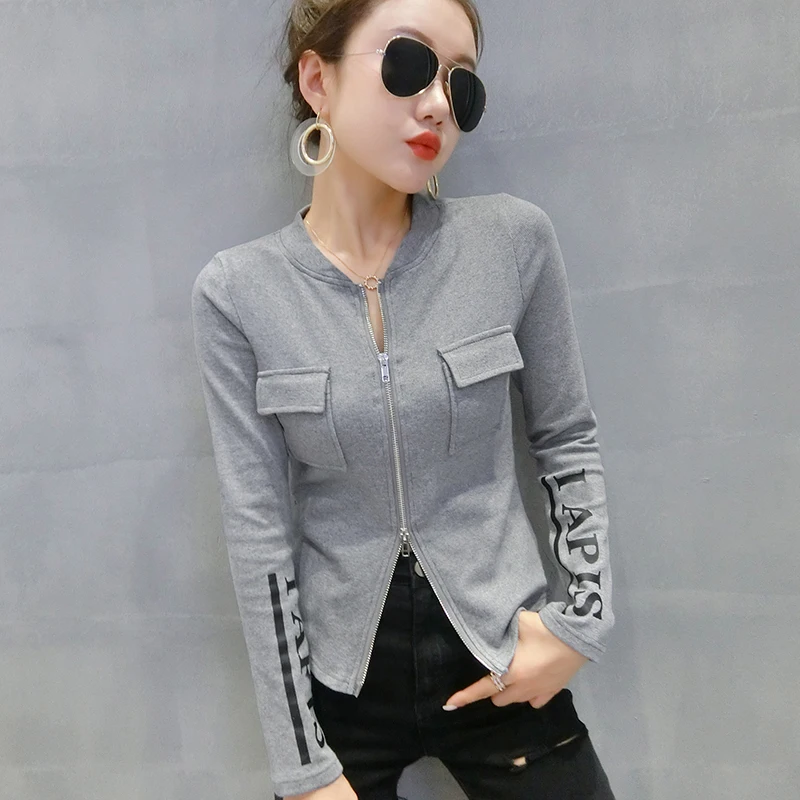 Fall Winter Korean Style Cotton Coat Sexy Chic Pockets Zipper Pullover Print Letter Women Tops 2022 New Short Jacket C08901L