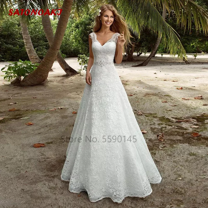 Modern A Line Lace Wedding Dress V Neck Appliques Beads Sash Floor Length Bridal Gown Plus Size Vestido De Novia Robe Mariage