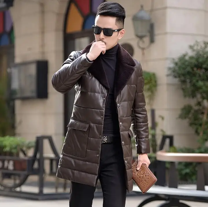 2020 Winter new suit collar Long down slim Korean Leather jacket Men Business casual plus size jackets M-5XL