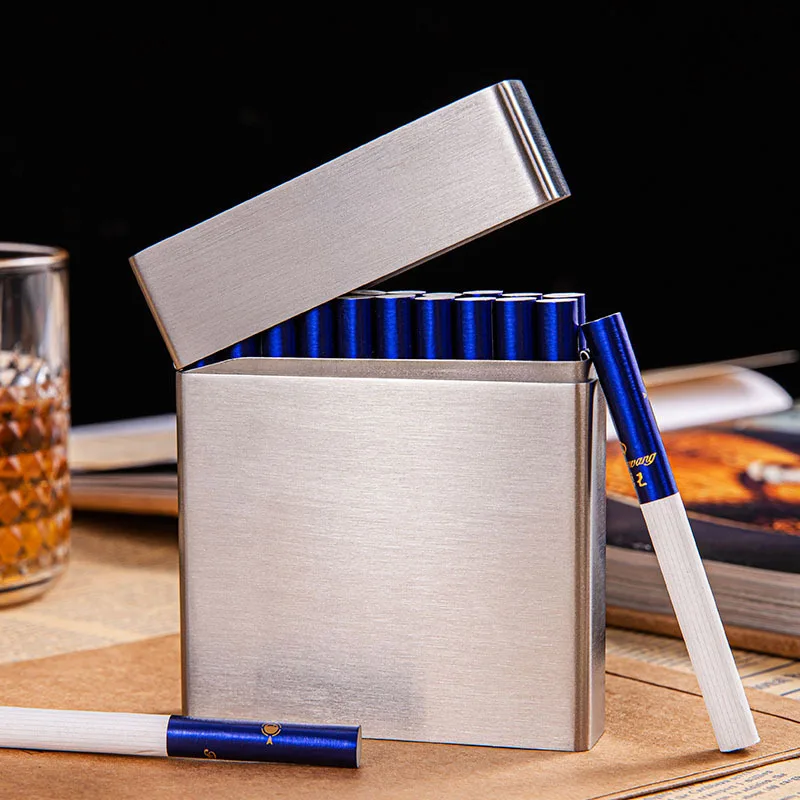 Stainless Steel Gentleman’s Cigarette Case 20 Sticks Brushed Metal Holder Pocket Smoking Storage Box Accessories Men Gifts