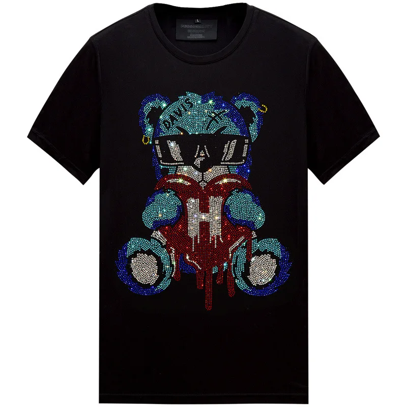 2024 Bear Rhinestones T Shirts Men Fashion Streetwear Clothing Slim Modal Cotton O Neck Short Sleeve T-shirts Man Plus Size 6XL