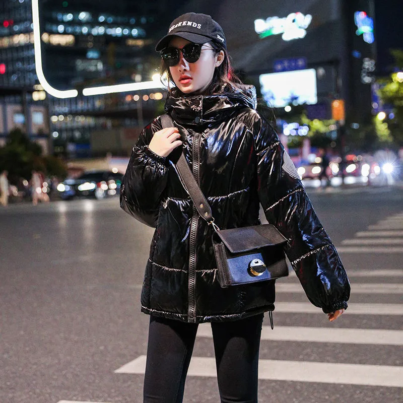 2019 Female Glossy Winter Down Cotton Padded Jacket For Women Thick Bright Black Short Shiny Jacket Silver Cotton Parkas