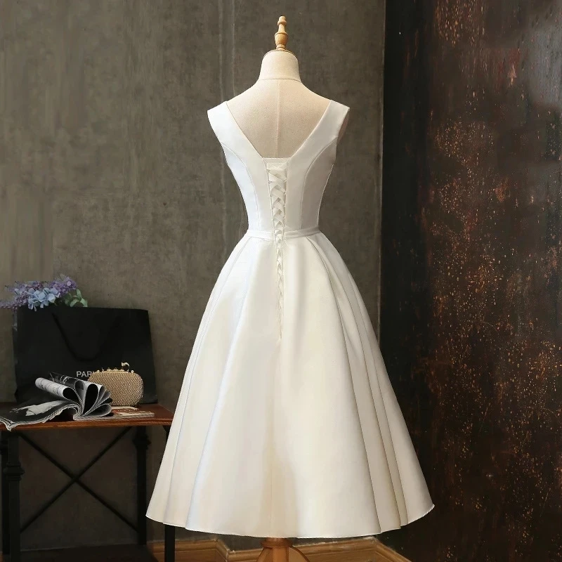 ANGLESBRIDEP Simple V-neck Satin Wedding Dresses Summer Style Vestido De Noiva Mid-Calf Cheap Formal Bride Dresses Wish Sash