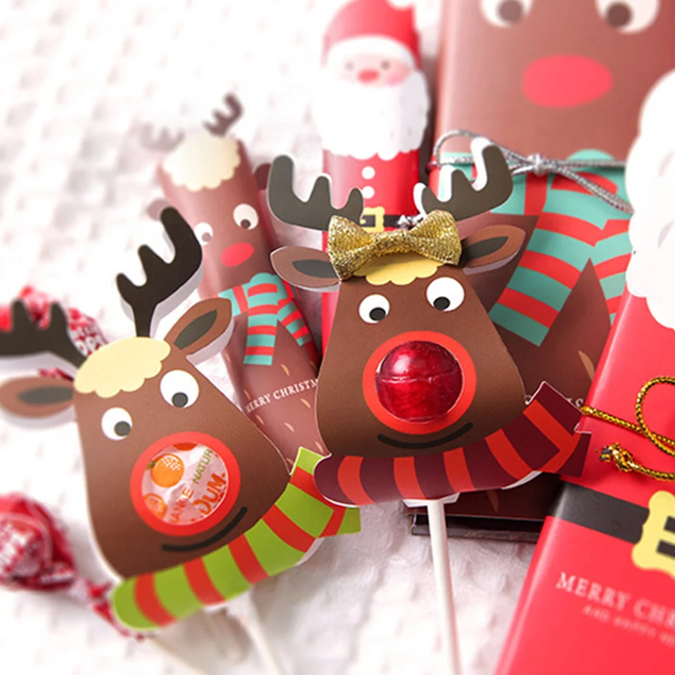 30PCS 3 Colors Christmas Candy Package Card Cartoon Deer Lollipop Holder For Xmas Party Decoration Home DIY Kids Craft Supplies