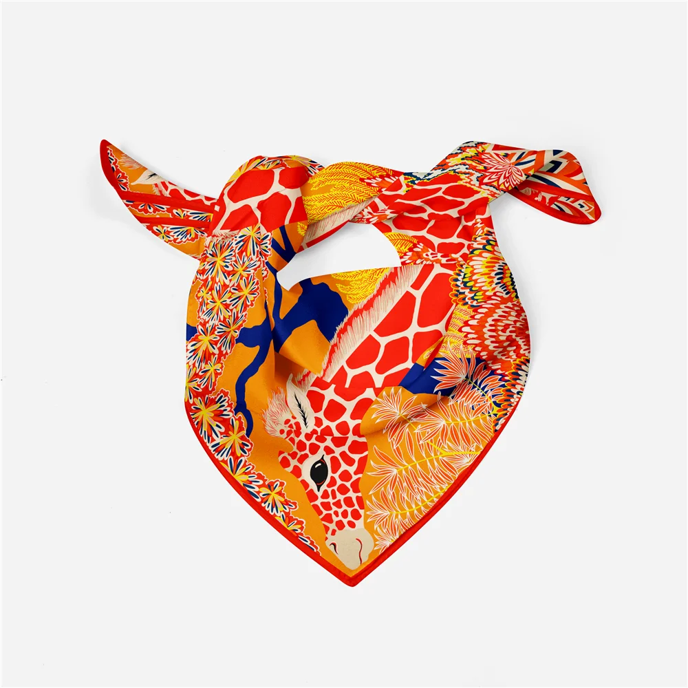 Twill Silk Scarf Woman Giraffe Painting Square Scarves Wraps Bandana Small Hijab Silk Foulards Tie Headband Neckerchief 53CM