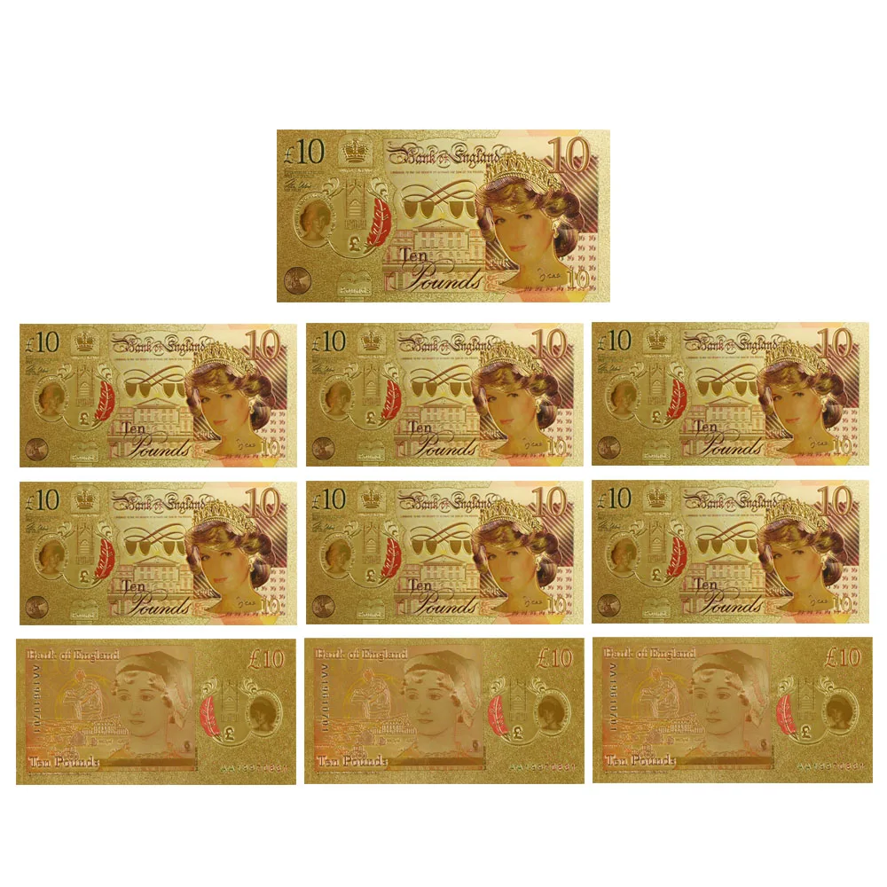 WR Princess of Wales Challenge Fake Bill 10pcs Colored Ten Pounds Banknote Quality Gold Plated Foil Diana Princess Banknote