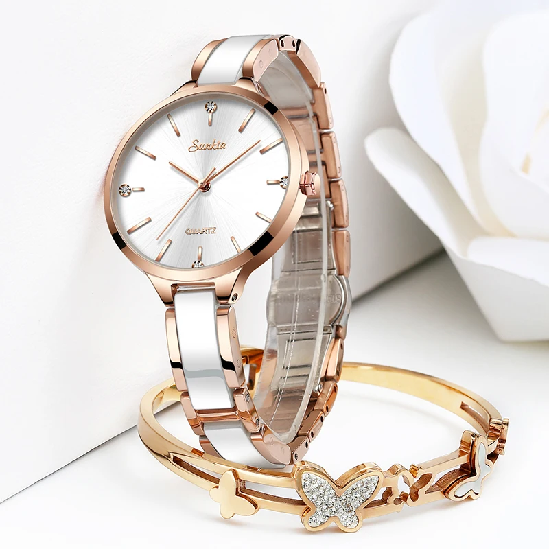 SUNKTA Women Watch Ceramic Watch Women Simple Diamond Clock Casual Fashion Watch Sport Waterproof Wristwatch Relogio Feminino