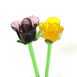 Hand Blown Long Handle Murano Glass Rose Flower Art Figurine Wedding Valentine's Day Favors Gifts Tabletop Decor Craft Ornament