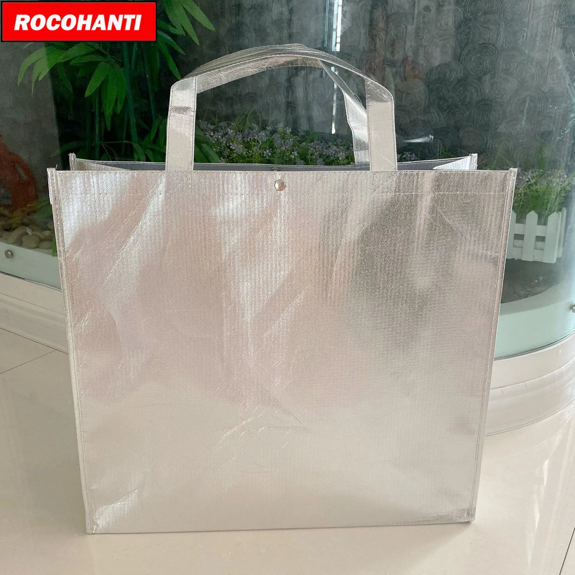 50X Custom Extra Large Silver Metallic Laser Non Woven Bag Reusable NonWoven Tote Shopping Gift Bag For Hypermarket Jacket Sheet