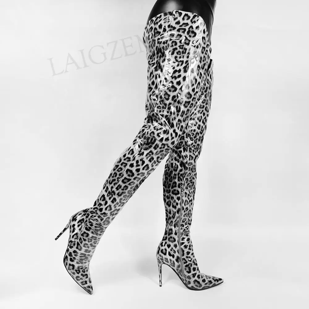 SEIIHEM Patent Women Thigh High Boots Leopard Slim Heels Side Zip Over Knee Boots Party Prom Shoes Woman Large Size 36 43 44 47