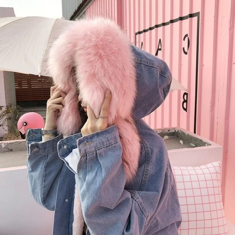 Velvet Thick Denim Jacket Winter Coat Women Big Fur Collar Korean Locomotive Lamb Oversized Jacket Short Coat