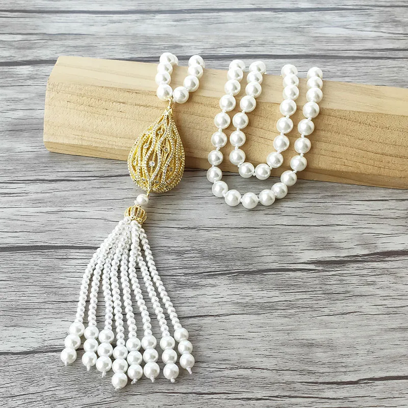 1Pcs Handmade Golden Charm Pendant CZ Micro Pave Connector, Shell Pearl Beads Chain Tassels Women Jewelry Necklace