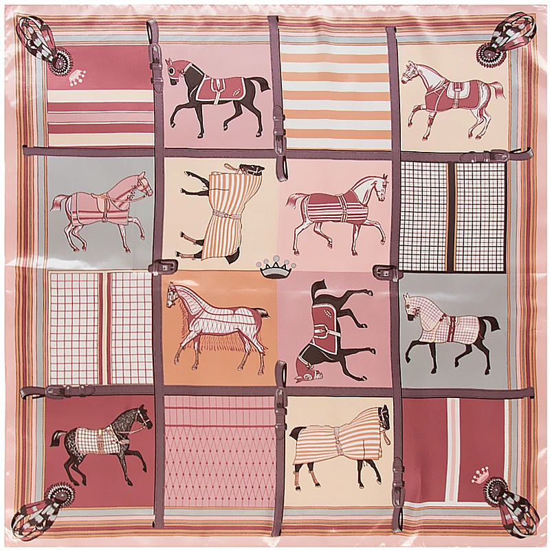 Europe 2022 Spring Lattice horse 90*90cm Lmitation Silk Large Square Scarf  Women\'s Accessories Head Scarf Beach Shawl Scarf