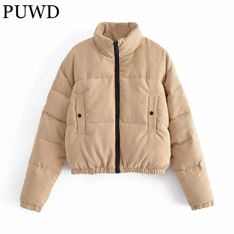 PUWD Casual Women Cotton Padded Thick Parkas 2021 Winter Fashion Ladies Pockets Stand Collar Coats Female Chic Warm Outwear