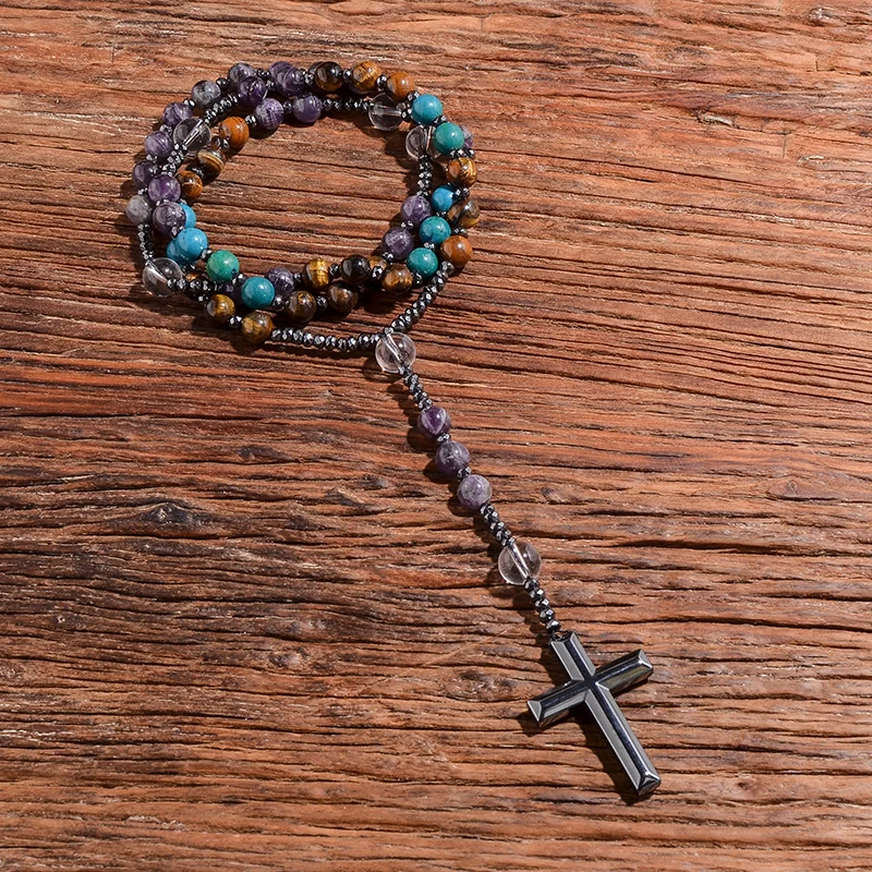 

Natural Tiger Eye Amethyst Catholic Christian Rosary Men and Women Necklace Hematite Cross Pendant Meditation Yoga Mala Jewelry