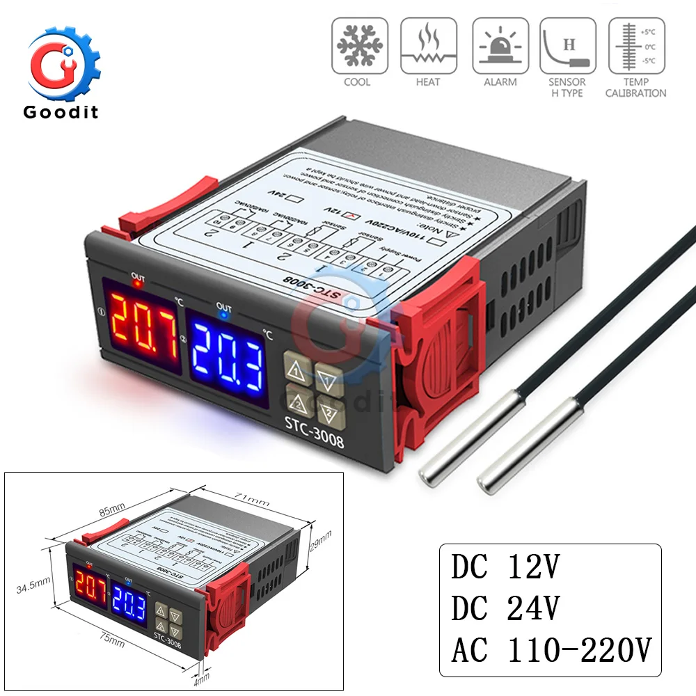 

STC-3008 Dual Digital Temperature Controller Two Relay Output 12V 24V 220V Thermoregulator Thermostat Heater Cooler Dual Probe