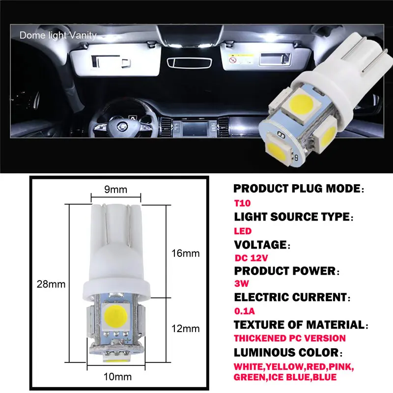 5pcs car LED bulb T10 W5W 194 LED signal light 12V 5050  white multicolor car side wedge trunk light car interior ceiling light