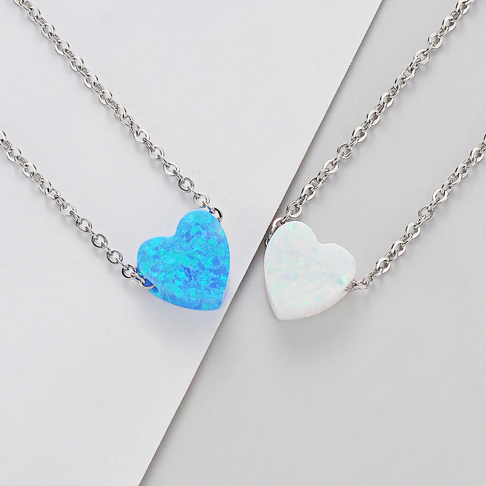 2Pcs/Lot  Stainless Steel Exquisite Simple 8mm Heart High Quality Opal Pendant Necklace For Women Fashion Jewelry