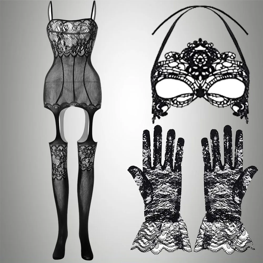 3 IN 1 Set Exotic Bodysuits +Mesh Jacquard Gloves+Lace Mask Ball Masquerade Women Underwear Fishnet Bodystockings Teddies Mujer