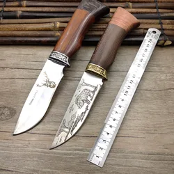 Sharpen 440C Stainless Steel Antler Boar Pattern  Wenge Handle Fixed Blade Tactical Hunting Knife EDC Outdoor Tool