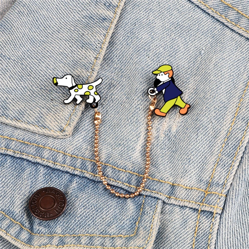 Funny Cartoon Brooch Animal Dogs Chain Pin boy walk the dog Badge Custom Metal Jewelry Backpack Denim Lapel Pins Gift for Friend